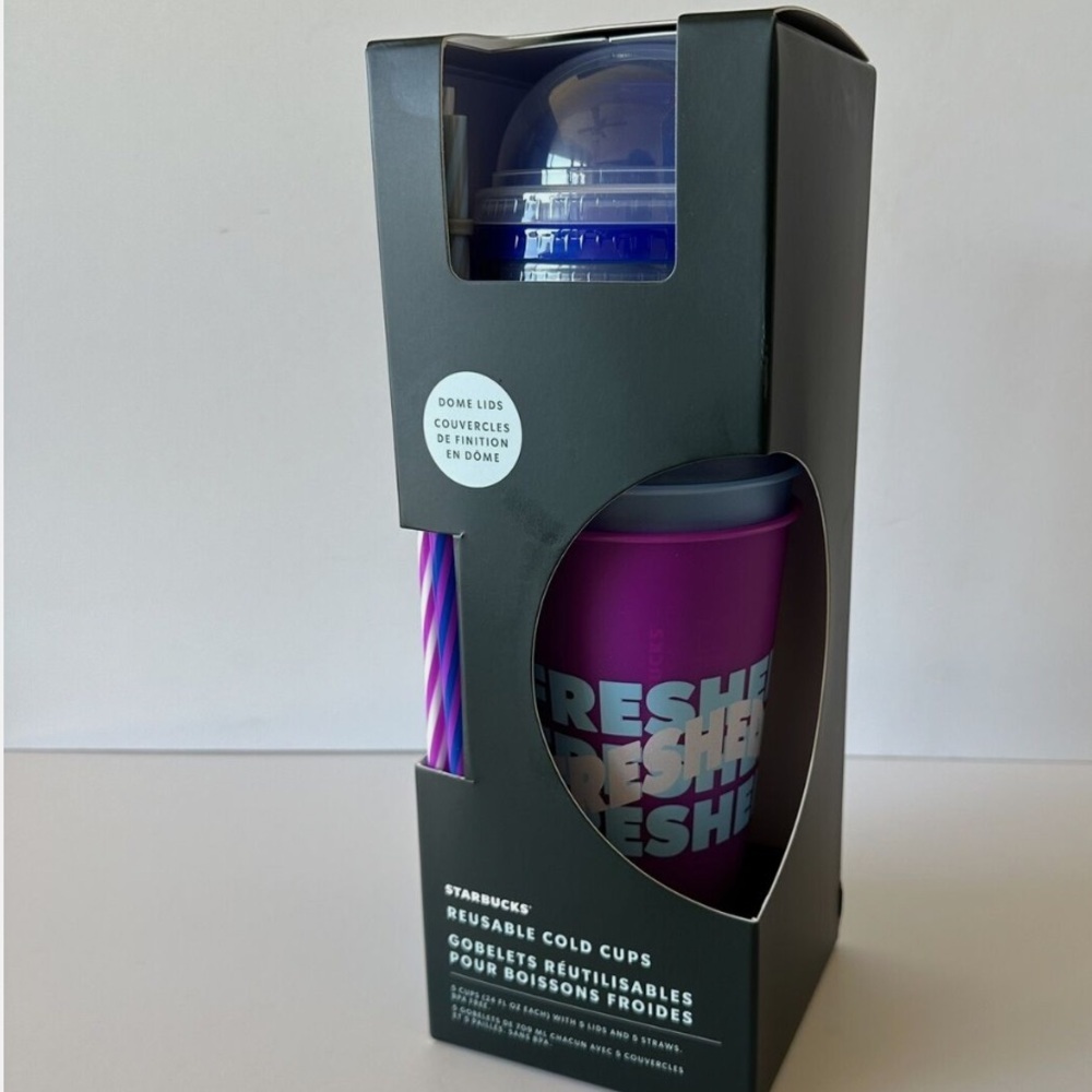 Starbucks Summer 2024 Printed Dome Lid Reusable Plastic Cold Cups Box Set x5